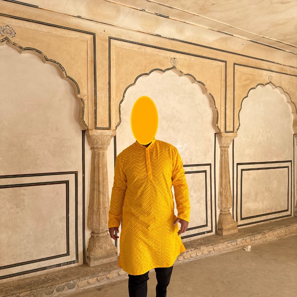 Vibrant Yellow Embroidered Handmade Luxury Kurta - Size 42 - Picture 7 of 15